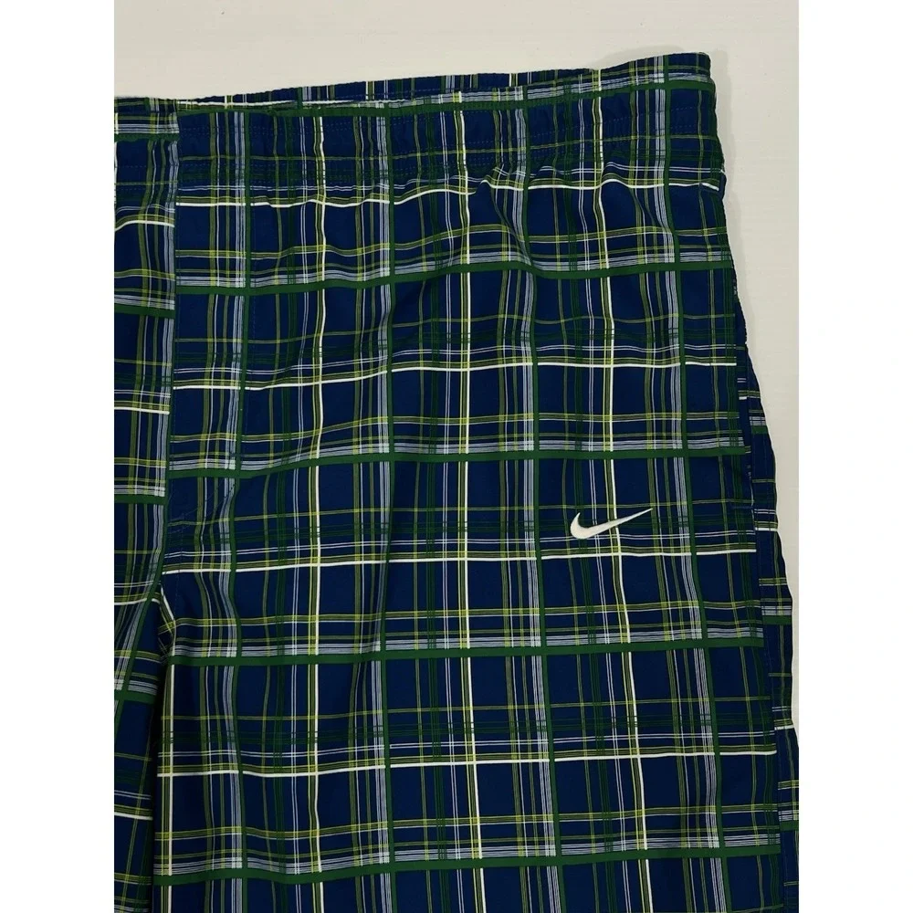 Nike Swoosh‎ Board Shorts Swim Trunks Mens Size XXL Plaid Blue Green Drawstring